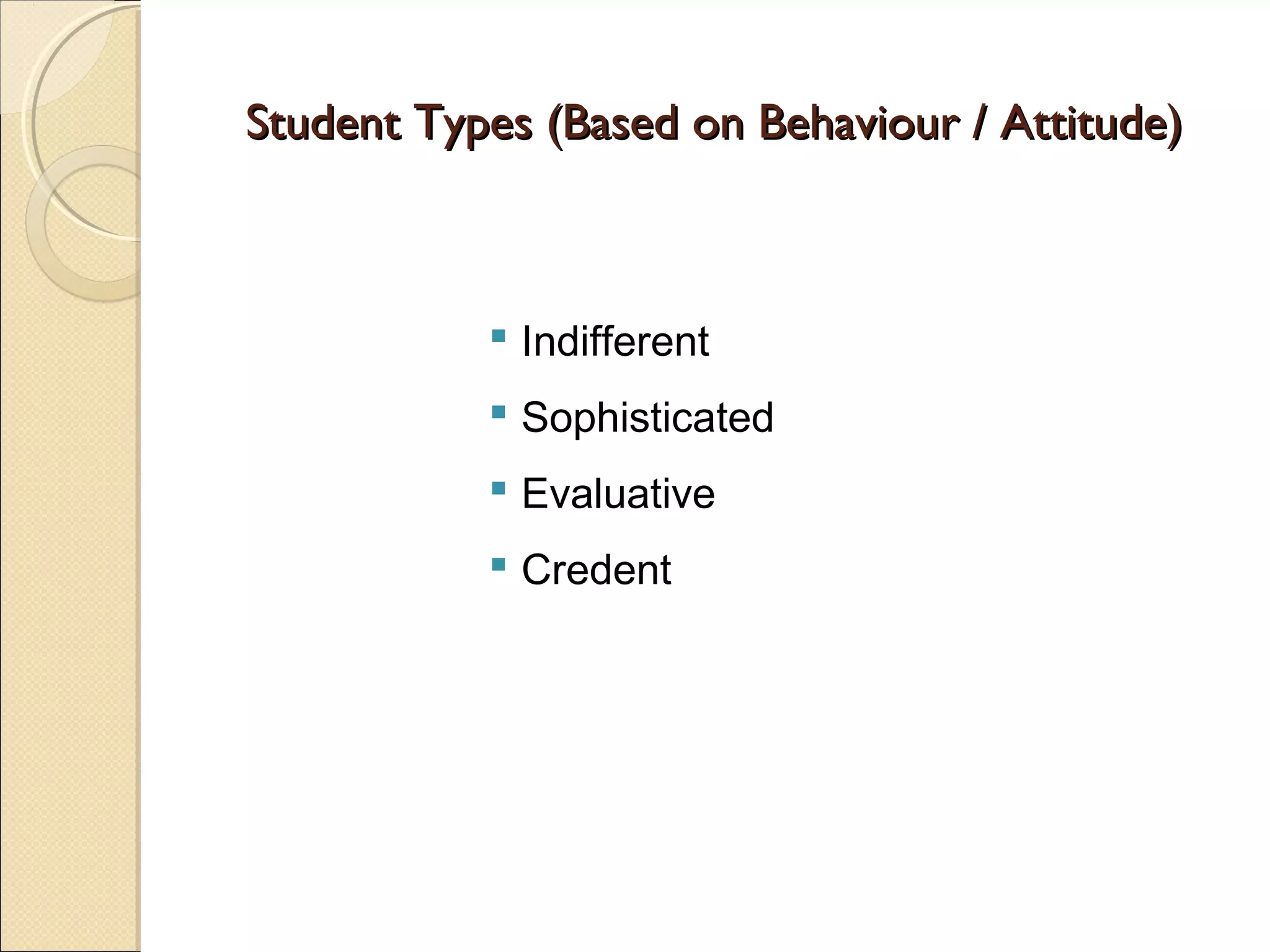 Student Types (Based on Behaviour / Attitude)

 Indifferent
 Sophisticated
 Evaluative
 Credent

 