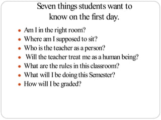 Seven thingsstudentswant to
know on the first day.
● Am I in the right room?
● Where am Isupposed to sit?
● Who is the tea...