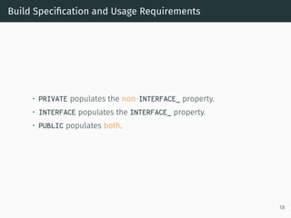 Build Speciﬁcation and Usage Requirements
• PRIVATE populates the non-INTERFACE_ property.
• INTERFACE populates the INTERFACE_ property.
• PUBLIC populates both.
18
 