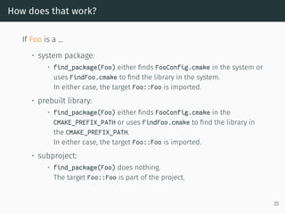 How does that work?
If Foo is a ...
• system package:
• find_package(Foo) either ﬁnds FooConfig.cmake in the system or
uses FindFoo.cmake to ﬁnd the library in the system.
In either case, the target Foo::Foo is imported.
• prebuilt library:
• find_package(Foo) either ﬁnds FooConfig.cmake in the
CMAKE_PREFIX_PATH or uses FindFoo.cmake to ﬁnd the library in
the CMAKE_PREFIX_PATH.
In either case, the target Foo::Foo is imported.
• subproject:
• find_package(Foo) does nothing.
The target Foo::Foo is part of the project.
35
 