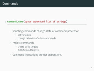 Commands
1 command_name(space separated list of strings)
• Scripting commands change state of command processor
• set variables
• change behavior of other commands
• Project commands
• create build targets
• modify build targets
• Command invocations are not expressions.
5
 