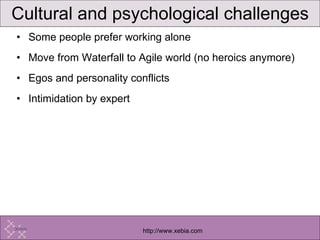 Cultural and psychological challenges Some people prefer working alone Move from Waterfall to Agile world (no heroics anymore)‏ Egos and personality conflicts Intimidation by expert 