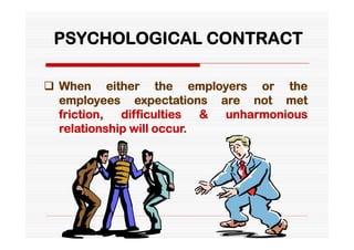 PSYCHOLOGICAL CONTRACT

 When either the employers or the
  employees expectations are not met
  friction,  difficulties  & unharmonious
  relationship will occur.
 