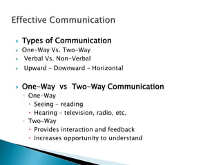 Types of Communication
 One-Way Vs. Two-Way
 Verbal Vs. Non-Verbal
 Upward – Downward – Horizontal
 One-Way vs Two-Way Communication
◦ One-Way
 Seeing – reading
 Hearing – television, radio, etc.
◦ Two-Way
 Provides interaction and feedback
 Increases opportunity to understand
 