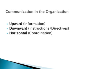  Upward (Information)
 Downward (Instructions/Directives)
 Horizontal (Coordination)
 