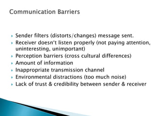  Sender filters (distorts/changes) message sent.
 Receiver doesn‘t listen properly (not paying attention,
uninteresting, unimportant)
 Perception barriers (cross cultural differences)
 Amount of information
 Inappropriate transmission channel
 Environmental distractions (too much noise)
 Lack of trust & credibility between sender & receiver
 