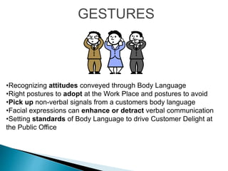 GESTURES
•Recognizing attitudes conveyed through Body Language
•Right postures to adopt at the Work Place and postures to avoid
•Pick up non-verbal signals from a customers body language
•Facial expressions can enhance or detract verbal communication
•Setting standards of Body Language to drive Customer Delight at
the Public Office
 