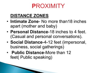 PROXIMITY
DISTANCE ZONES
• Intimate Zone- No more than18 inches
apart (mother and baby)
• Personal Distance-18 inches to 4 feet.
(Casual and personal conversations).
• Social Distance-4-12 feet (impersonal,
business, social gatherings)
• Public Distance-More than 12
feet( Public speaking)
 