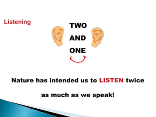 TWO
AND
ONE
Nature has intended us to LISTEN twice
as much as we speak!
Listening
 