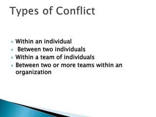  Within an individual
 Between two individuals
 Within a team of individuals
 Between two or more teams within an
organization
 