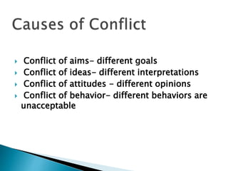  Conflict of aims- different goals
 Conflict of ideas- different interpretations
 Conflict of attitudes - different opinions
 Conflict of behavior- different behaviors are
unacceptable
 