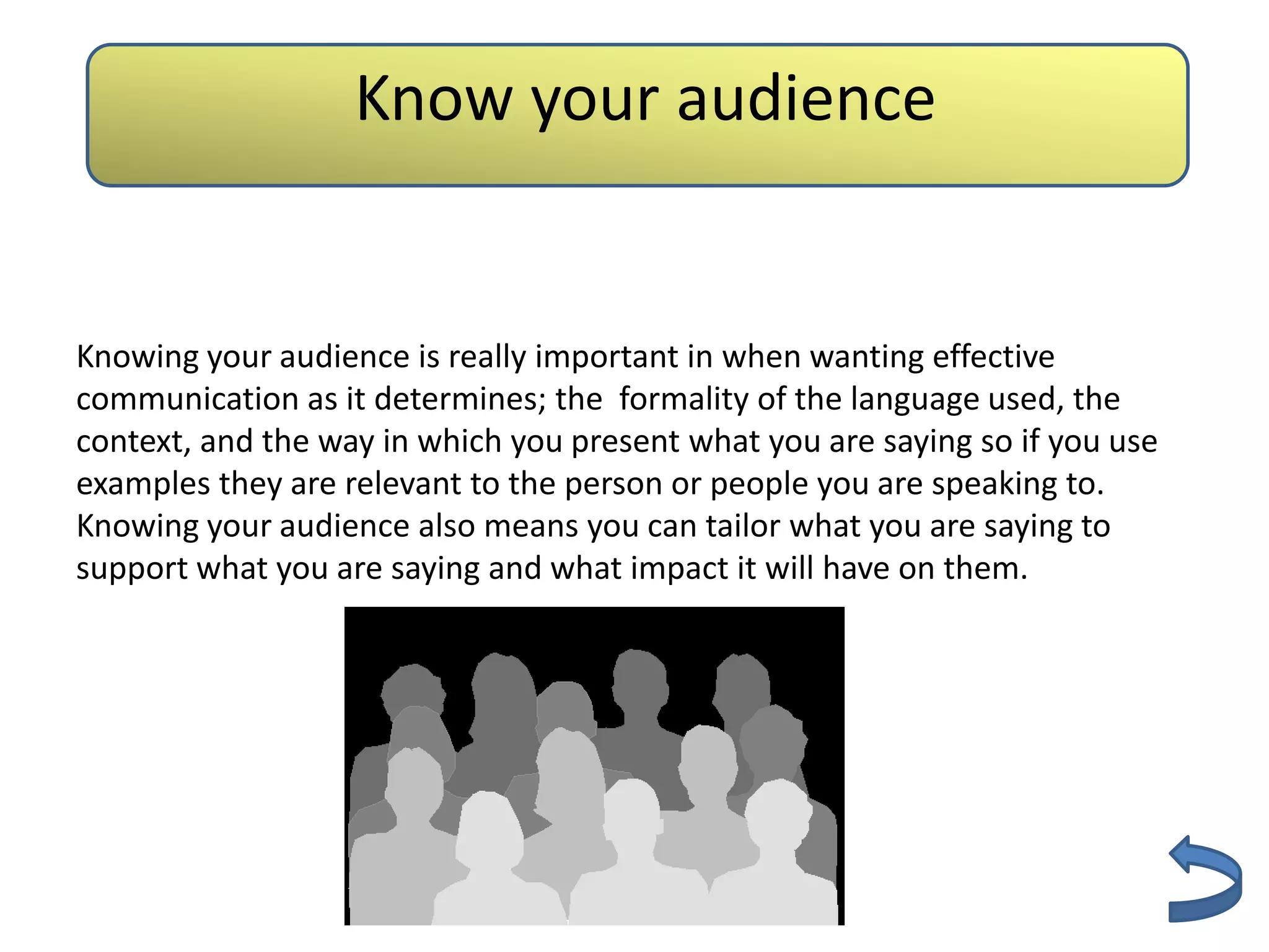 Know your audience


Knowing your audience is really important in when wanting effective
communication as it determines; the formality of the language used, the
context, and the way in which you present what you are saying so if you use
examples they are relevant to the person or people you are speaking to.
Knowing your audience also means you can tailor what you are saying to
support what you are saying and what impact it will have on them.
 