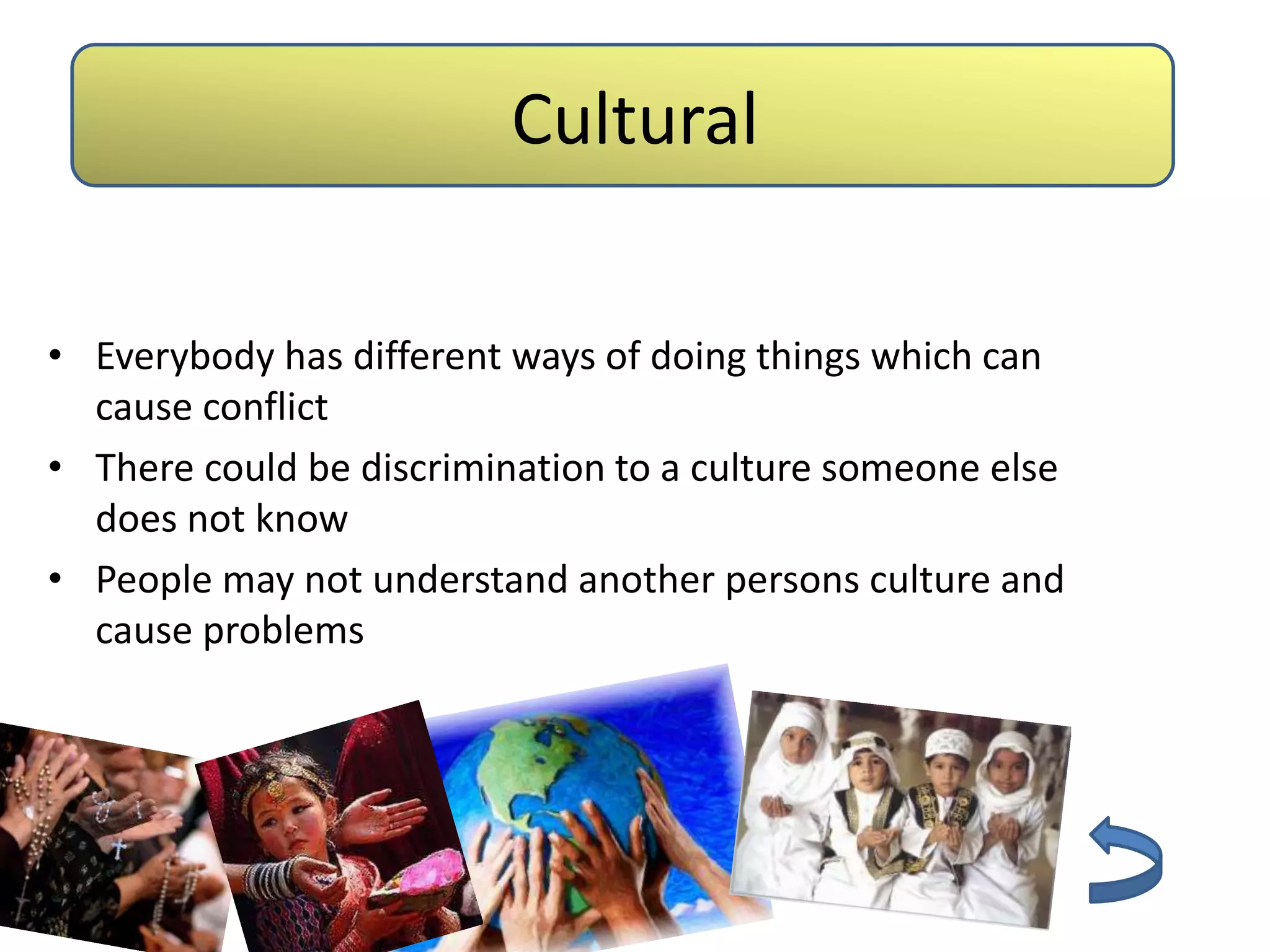 Cultural
                              Barriers



• Everybody has different ways of doing things which can
  cause conflict
• There could be discrimination to a culture someone else
  does not know
• People may not understand another persons culture and
  cause problems
 
