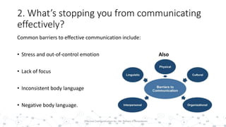 2. What’s stopping you from communicating
effectively?
Common barriers to effective communication include:
• Stress and out-of-control emotion Also
• Lack of focus
• Inconsistent body language
• Negative body language.
14Effective Communication by : Mr. Rohana K Amarakoon
 