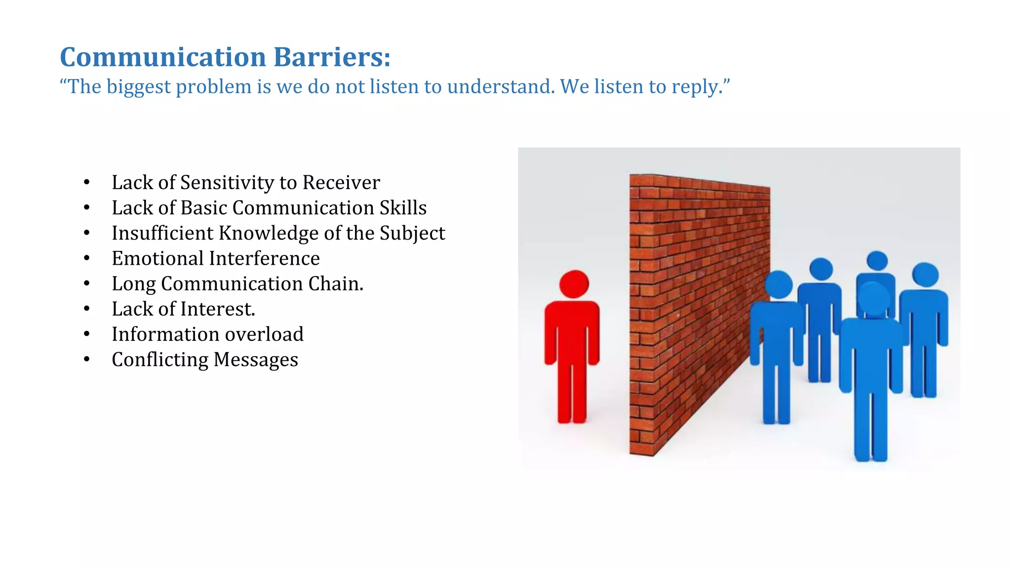 • Lack of Sensitivity to Receiver
• Lack of Basic Communication Skills
• Insufficient Knowledge of the Subject
• Emotional Interference
• Long Communication Chain.
• Lack of Interest.
• Information overload
• Conflicting Messages
Communication Barriers:
“The biggest problem is we do not listen to understand. We listen to reply.”
 