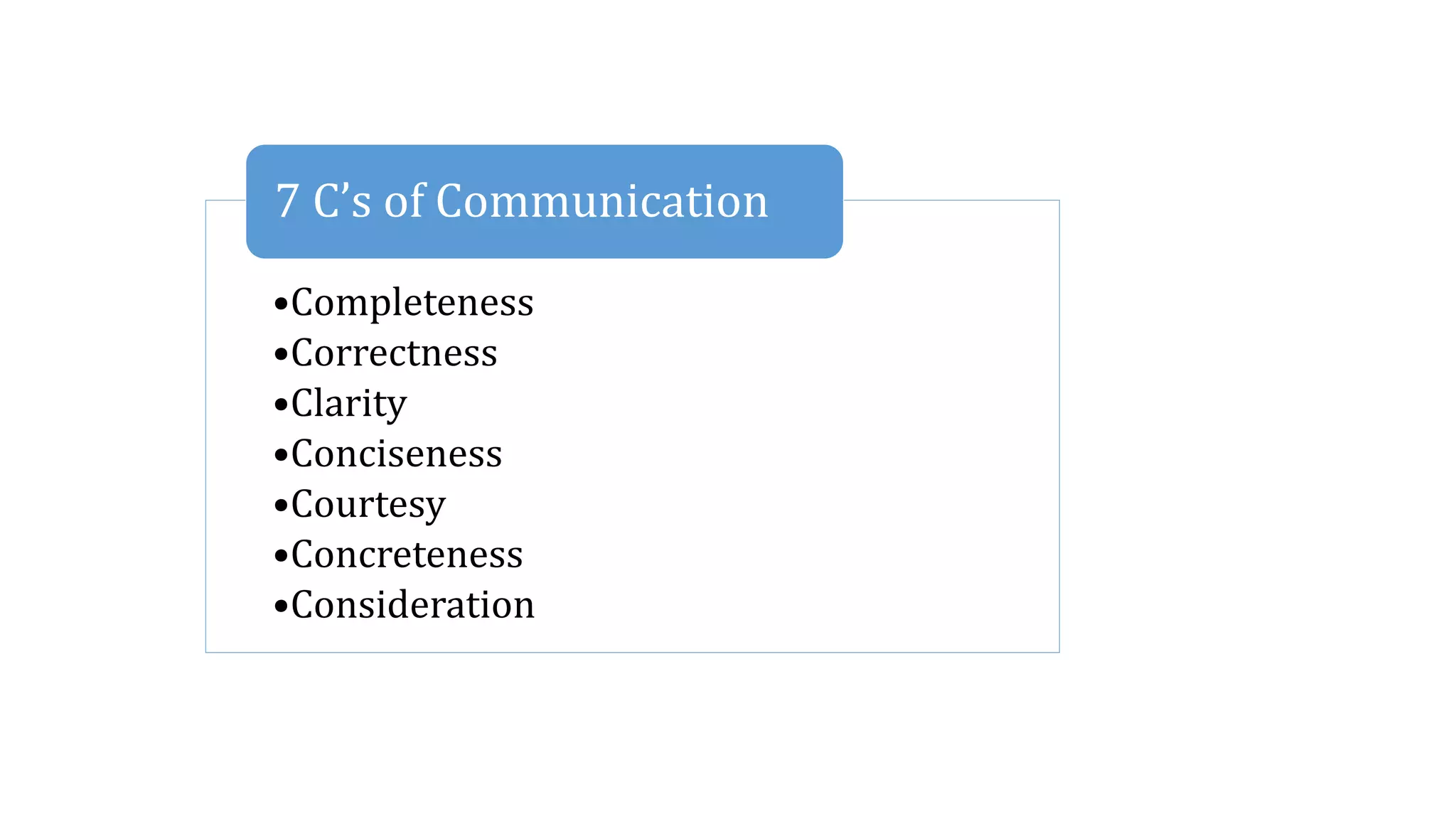 •Completeness
•Correctness
•Clarity
•Conciseness
•Courtesy
•Concreteness
•Consideration
7 C’s of Communication
 