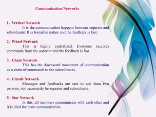 Communication Networks
1. Vertical Network
It is the communication happens between superior and
subordinate. It is formal ...