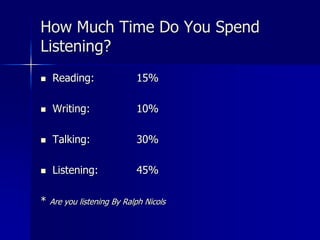 How Much Time Do You Spend
Listening?
 Reading: 15%
 Writing: 10%
 Talking: 30%
 Listening: 45%
* Are you listening By Ralph Nicols
 