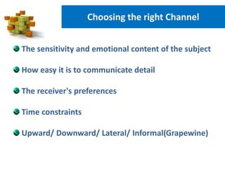 Choosing the right Channel
The sensitivity and emotional content of the subject
How easy it is to communicate detail
The receiver's preferences
Time constraints
Upward/ Downward/ Lateral/ Informal(Grapewine)
 