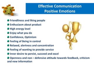 Friendliness and liking people
Enthusiasm about product
High energy level
Enjoy what you do
Confidence, Optimism
Feeling of Being in control
Relaxed, alertness and concentration
Feeling of wanting to provide service
Inner desire to persist, succeed and excel
Openness and non – defensive attitude towards feedback, criticism
and new information
Effective Communication
Positive Emotions
 