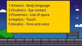 1.Kinesics - Body language
2.Oculesics - Eye contact
3.Proxemics - Use of space
4.Haptics - Touch
5.Vocalics - Tone and voice
 