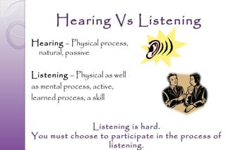 Hearing Vs Listening
Hearing – Physical process,
 natural, passive

Listening – Physical as well
as mental process, active,
learned process, a skill


              Listening is hard.
You must choose to participate in the process of
                  listening.
 