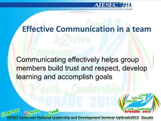 Effective Communication in a team
Communicating effectively helps group
members build trust and respect, develop
learning and accomplish goals
 