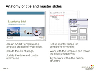Anatomy of title and master slides Use an AA|RF template or a template created for your client Include the client’s logo Update the date and contact information Set up master slides for consistent formatting Work with the template and follow the slide layout styles Try to work within the outline structure 
