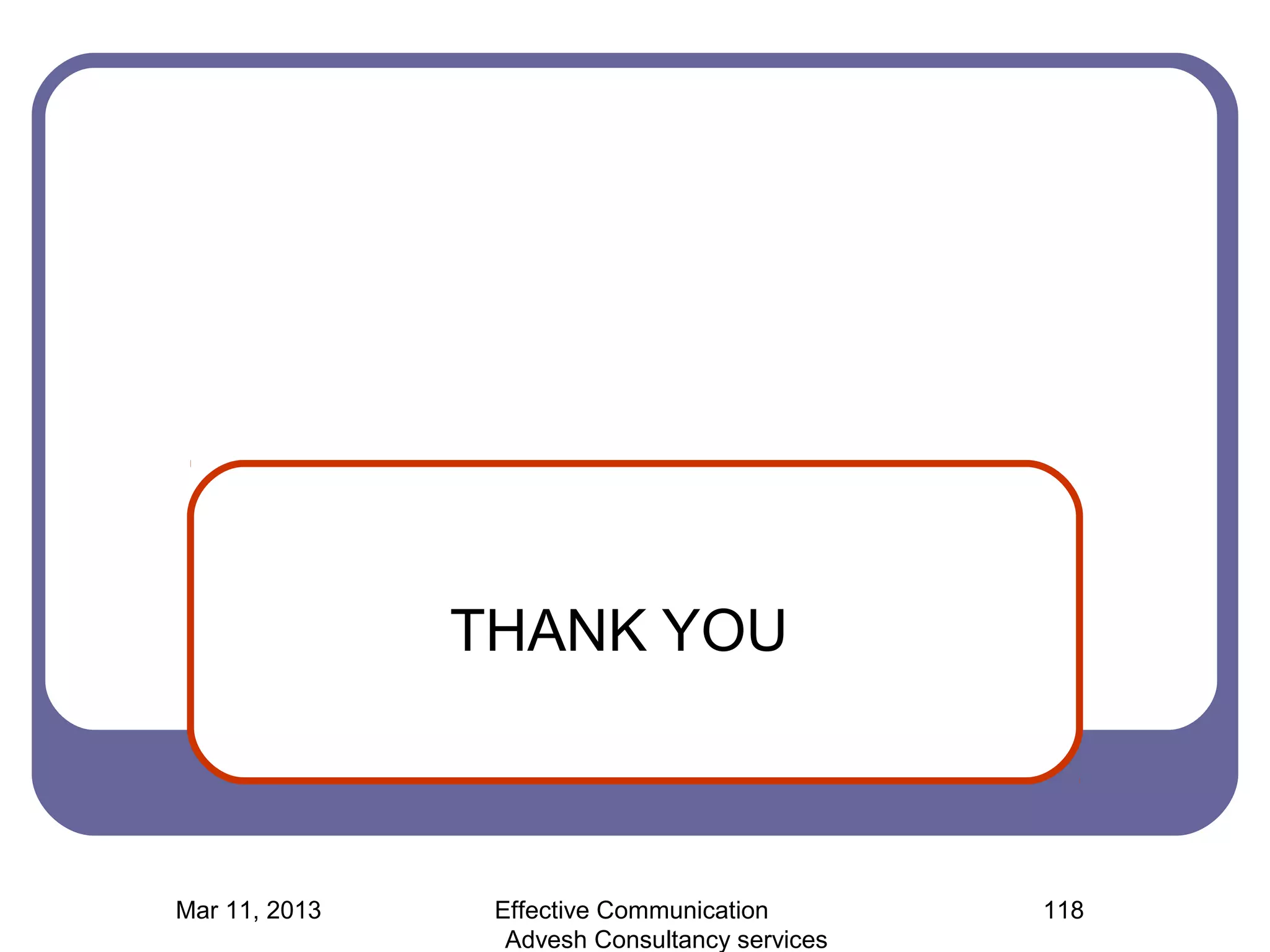 THANK YOU



Mar 11, 2013    Effective Communication        118
                 Advesh Consultancy services
 
