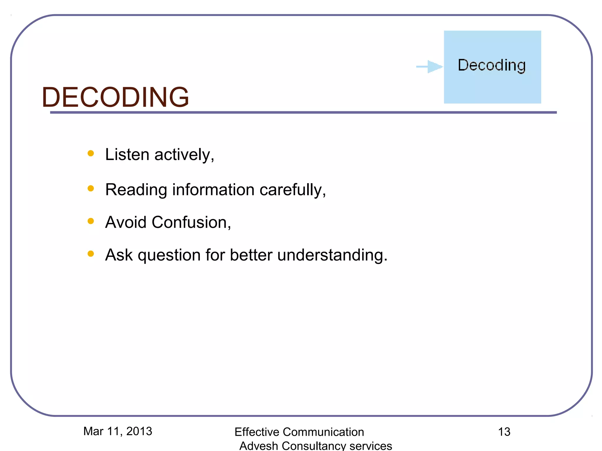 DECODING

  •   Listen actively,

  •   Reading information carefully,

  •   Avoid Confusion,

  •   Ask question for better understanding.




  Mar 11, 2013           Effective Communication        13
                          Advesh Consultancy services
 