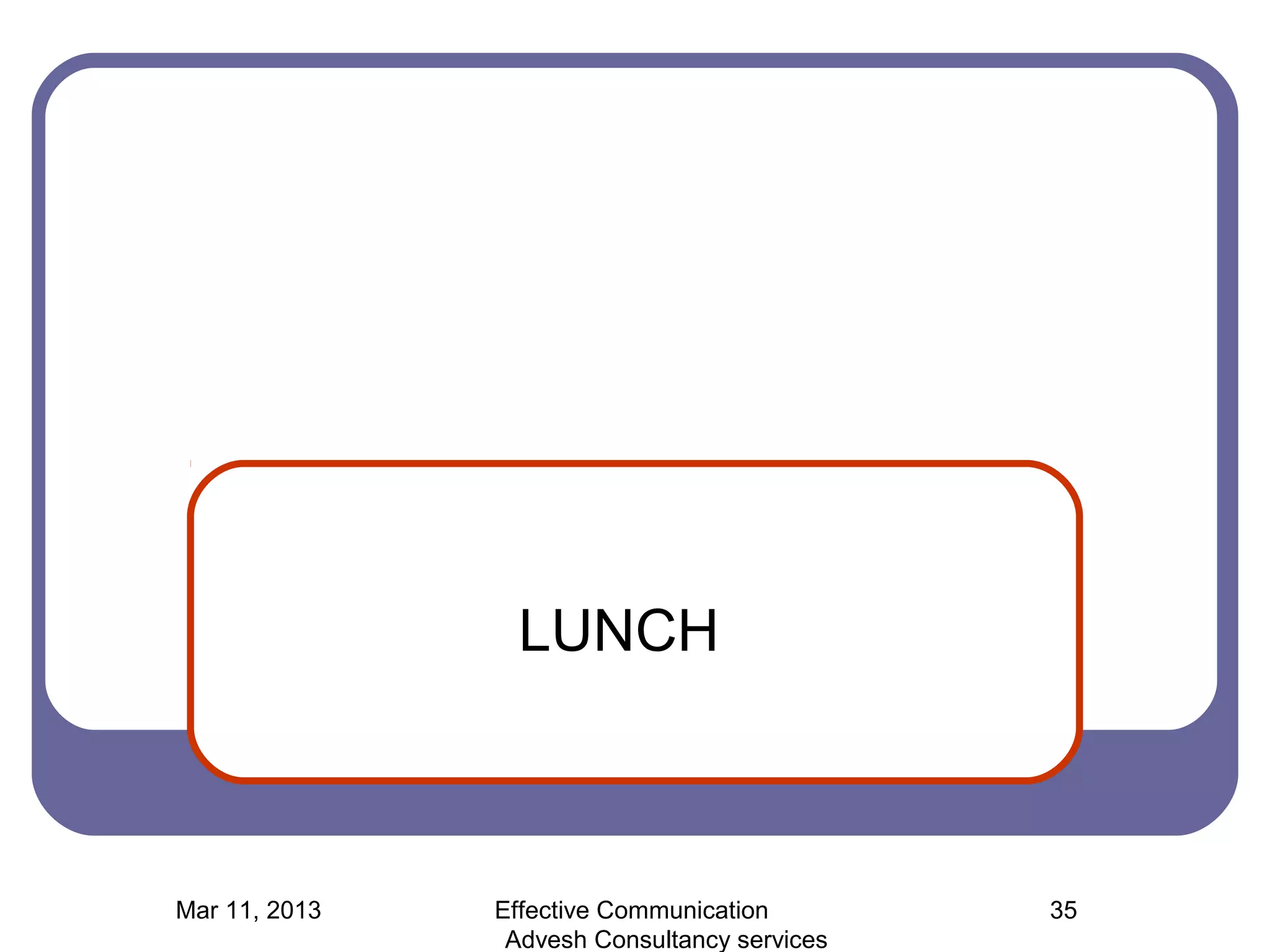 LUNCH



Mar 11, 2013   Effective Communication        35
                Advesh Consultancy services
 