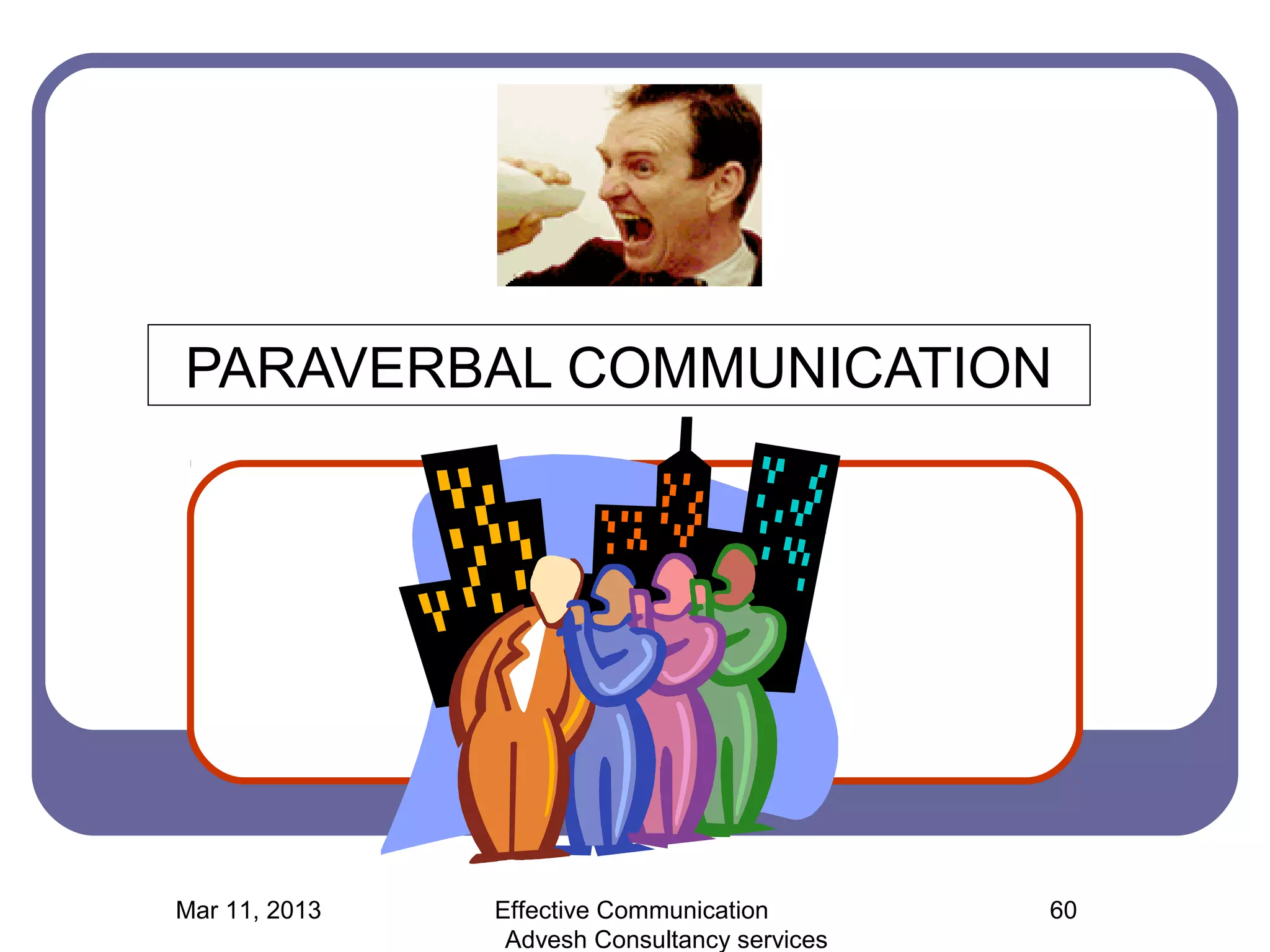 PARAVERBAL COMMUNICATION




Mar 11, 2013   Effective Communication        60
                Advesh Consultancy services
 