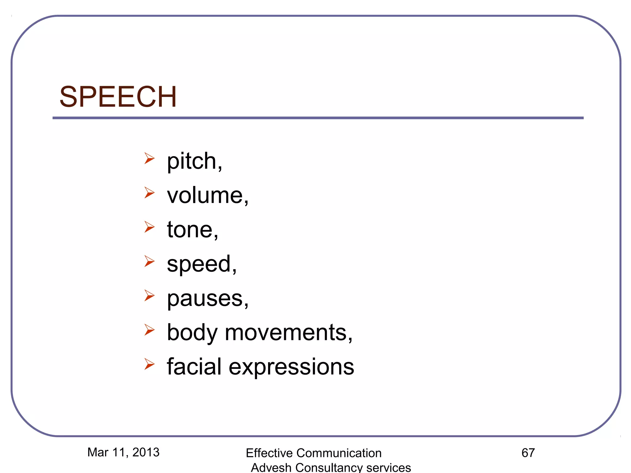 SPEECH
               pitch,
               volume,
               tone,
               speed,
               pauses,
               body movements,
               facial expressions


 Mar 11, 2013          Effective Communication        67
                        Advesh Consultancy services
 