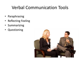 Verbal Communication Tools
•   Paraphrasing
•   Reflecting Feeling
•   Summarizing
•   Questioning
 