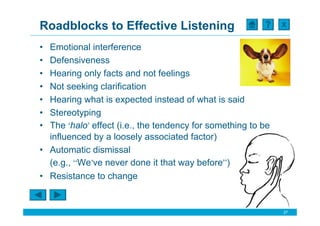 Roadblocks to Effective Listening                             X


• Emotional interference
• Defensiveness
• Hearing only facts and not feelings
• Not seeking clarification
• Hearing what is expected instead of what is said
• Stereotyping
• The ‘halo’ effect (i.e., the tendency for something to be
  influenced by a loosely associated factor)
• Automatic dismissal
  (e.g., “We’ve never done it that way before”)
• Resistance to change


                                                              27
 