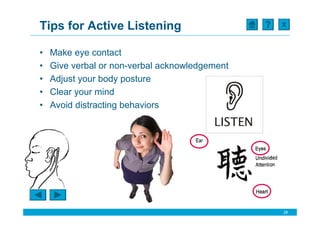 Tips for Active Listening                       X



•   Make eye contact
•   Give verbal or non-verbal acknowledgement
•   Adjust your body posture
•   Clear your mind
•   Avoid distracting behaviors




                                                28
 