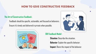 The Art of Constructive Feedback :
Feedback should be specific, actionable, and focused on behaviors.
Ensure it's timely and delivered in private when possible.
HOW TO GIVE CONSTRUCTIVE FEEDBACK
SBI Feedback Model :
Situation: Describe the situation.
Behavior: Explain the specific behavior.
Impact: Share the impact of the behavior.
 