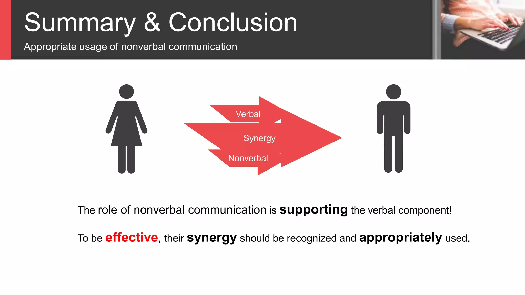 Summary & Conclusion
Appropriate usage of nonverbal communication
Verbal
Nonverbal
Synergy
The role of nonverbal communication is supporting the verbal component!
To be effective, their synergy should be recognized and appropriately used.
 