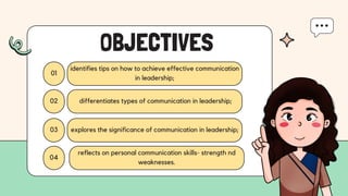 identifies tips on how to achieve effective communication
in leadership;
explores the significance of communication in leadership;
reflects on personal communication skills- strength nd
weaknesses.
01
03
04
OBJECTIVES
differentiates types of communication in leadership;
02
 