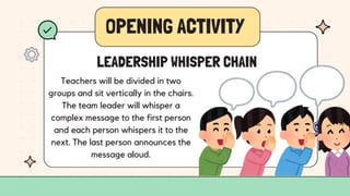 OPENING ACTIVITY
Teachers will be divided in two
groups and sit vertically in the chairs.
The team leader will whisper a
complex message to the first person
and each person whispers it to the
next. The last person announces the
message aloud.
LEADERSHIP WHISPER CHAIN
 
