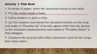 Activity 1: Fish Bowl
1. In strips of paper, write the situations found in the table.
2. Put the strips inside a bowl.
3. Call a student to pick a strip.
4. Let the student read aloud the situation written on the strip
and make a “Thumbs Up” if he/she agrees with how the person
in the situation communicates and makes a “Thumbs Down” if
they disagree.
5. Continue the process with other volunteers until all the strips
have been taken.
 