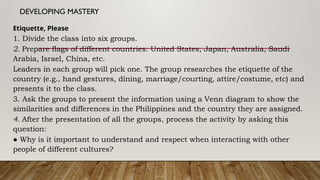 DEVELOPING MASTERY
Etiquette, Please
1. Divide the class into six groups.
2. Prepare flags of different countries: United States, Japan, Australia, Saudi
Arabia, Israel, China, etc.
Leaders in each group will pick one. The group researches the etiquette of the
country (e.g., hand gestures, dining, marriage/courting, attire/costume, etc) and
presents it to the class.
3. Ask the groups to present the information using a Venn diagram to show the
similarities and differences in the Philippines and the country they are assigned.
4. After the presentation of all the groups, process the activity by asking this
question:
● Why is it important to understand and respect when interacting with other
people of different cultures?
 