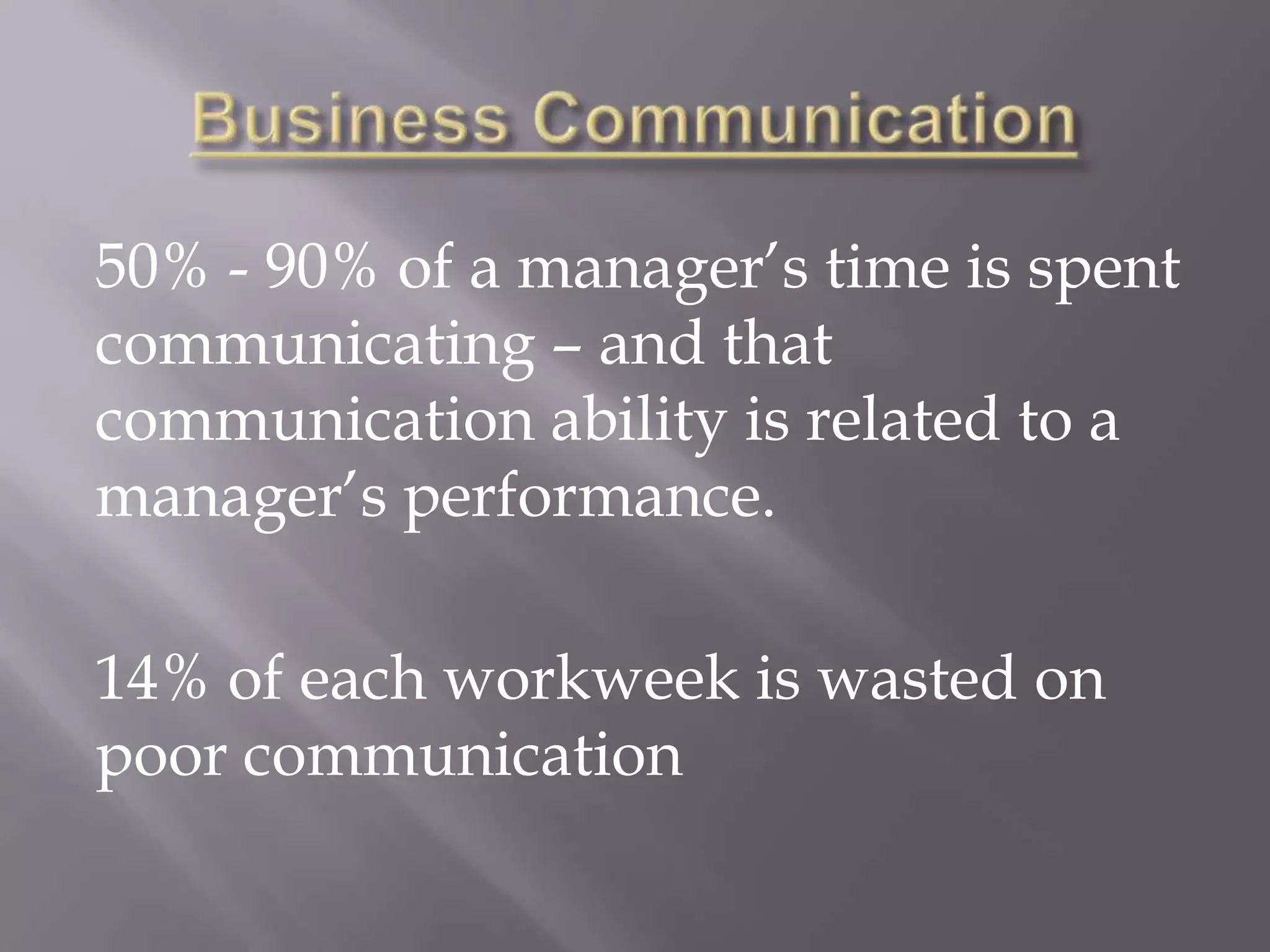 Business Communication50% - 90% of a manager’s time is spent communicating – and that communication ability is related to a manager’s performance. 14% of each workweek is wasted on poor communication