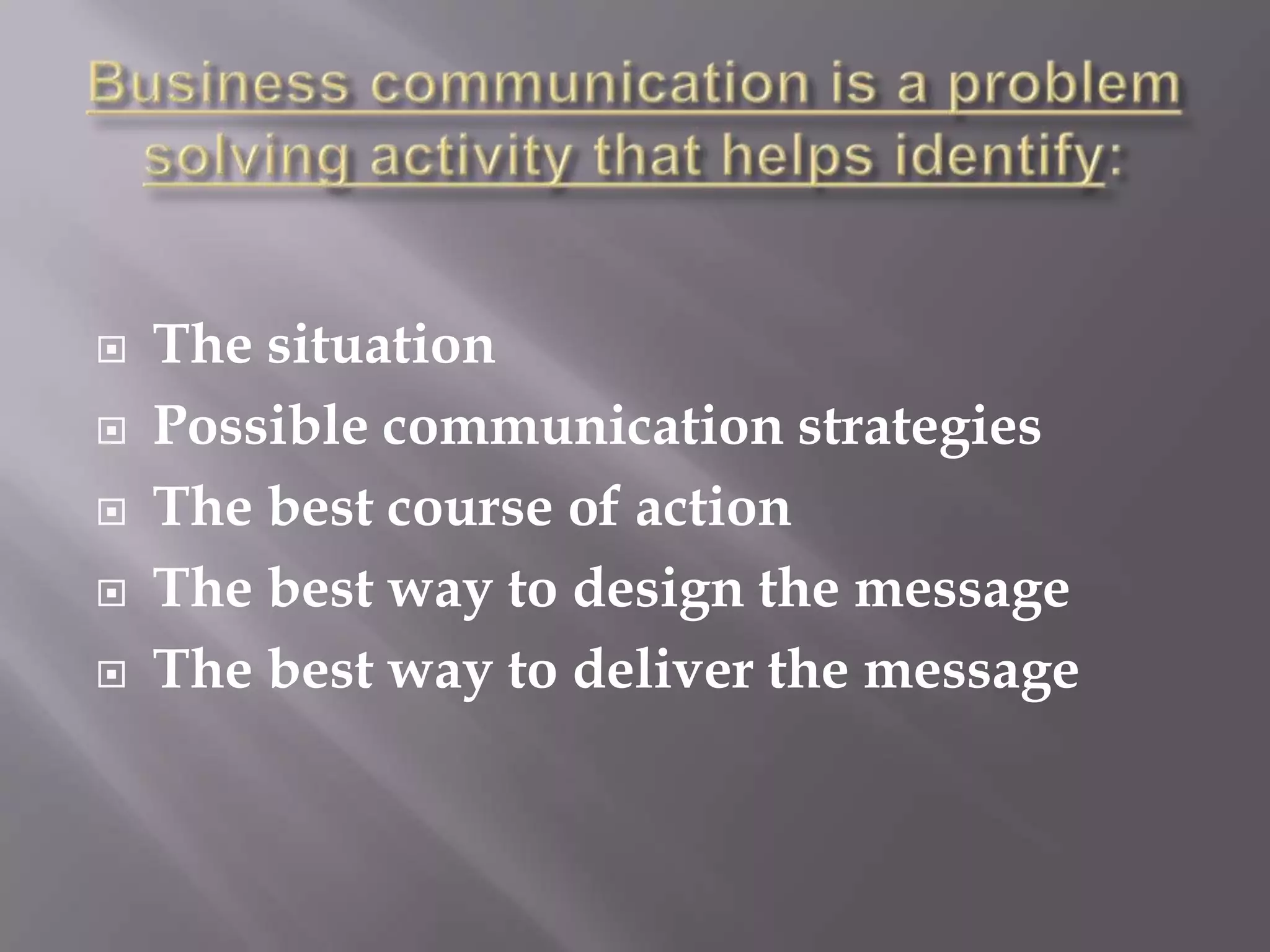 Business communication is a problem solving activity that helps identify:The situationPossible communication strategiesThe best course of actionThe best way to design the messageThe best way to deliver the message