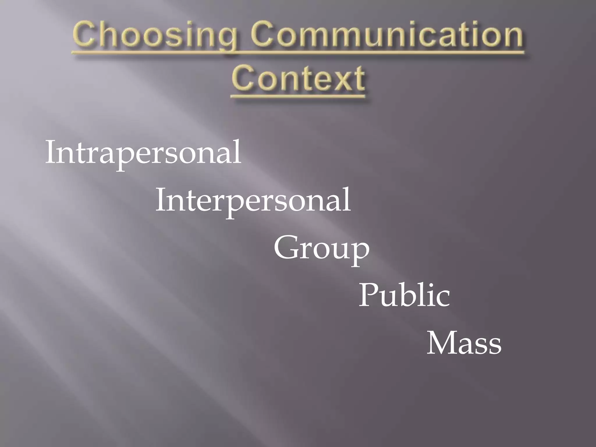 Choosing Communication ContextIntrapersonal		Interpersonal				Group					   Public						    Mass