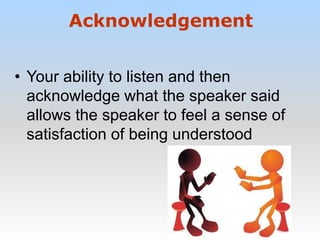 • Your ability to listen and then
acknowledge what the speaker said
allows the speaker to feel a sense of
satisfaction of being understood
Acknowledgement
 
