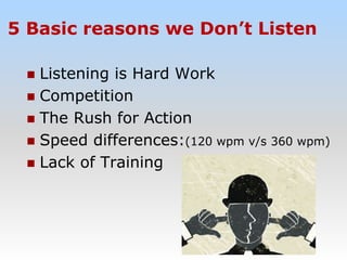 5 Basic reasons we Don’t Listen
 Listening is Hard Work
 Competition
 The Rush for Action
 Speed differences:(120 wpm v/s 360 wpm)
 Lack of Training
 