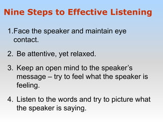 1.Face the speaker and maintain eye
contact.
2. Be attentive, yet relaxed.
3. Keep an open mind to the speaker’s
message – try to feel what the speaker is
feeling.
4. Listen to the words and try to picture what
the speaker is saying.
Nine Steps to Effective Listening
 