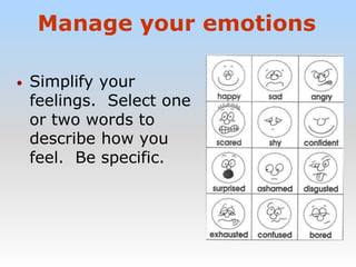 Manage your emotions
• Simplify your
feelings. Select one
or two words to
describe how you
feel. Be specific.
 