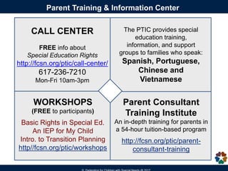 CALL CENTER
FREE info about
Special Education Rights
http://fcsn.org/ptic/call-center/
617-236-7210
Mon-Fri 10am-3pm
WORKS...
